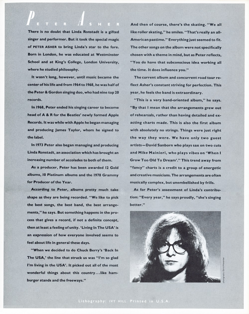 Linda Ronstadt 1978 tour book Living in the USA