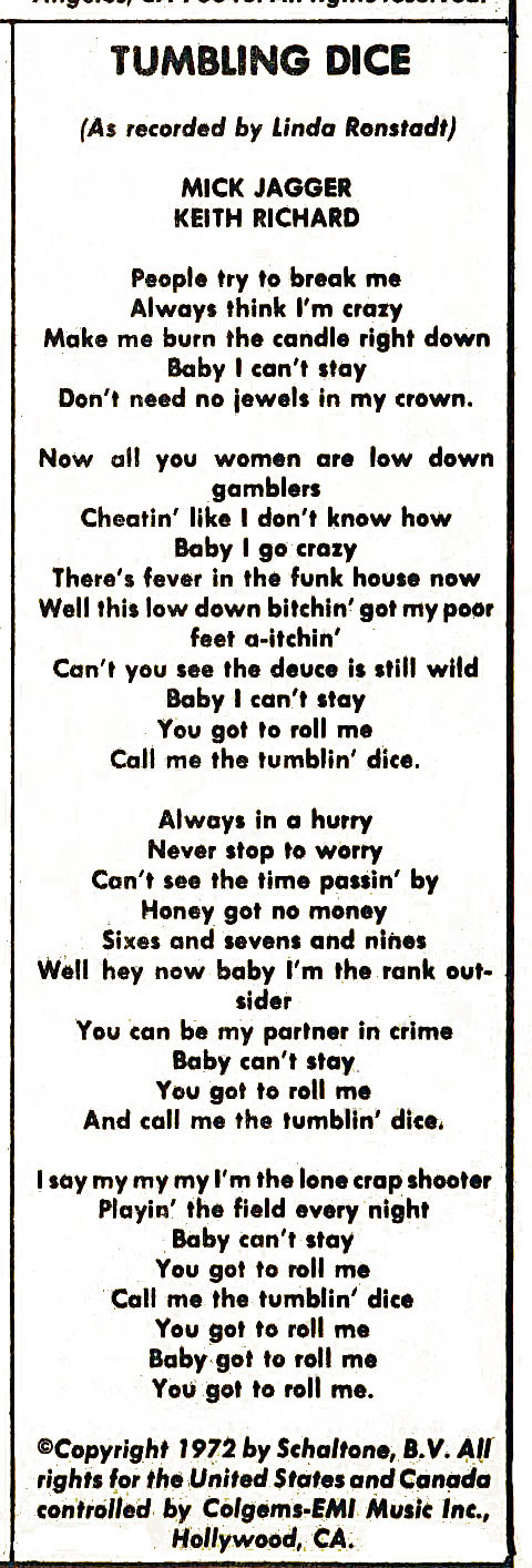 Linda Ronstadt lyrics Tumbling Dice