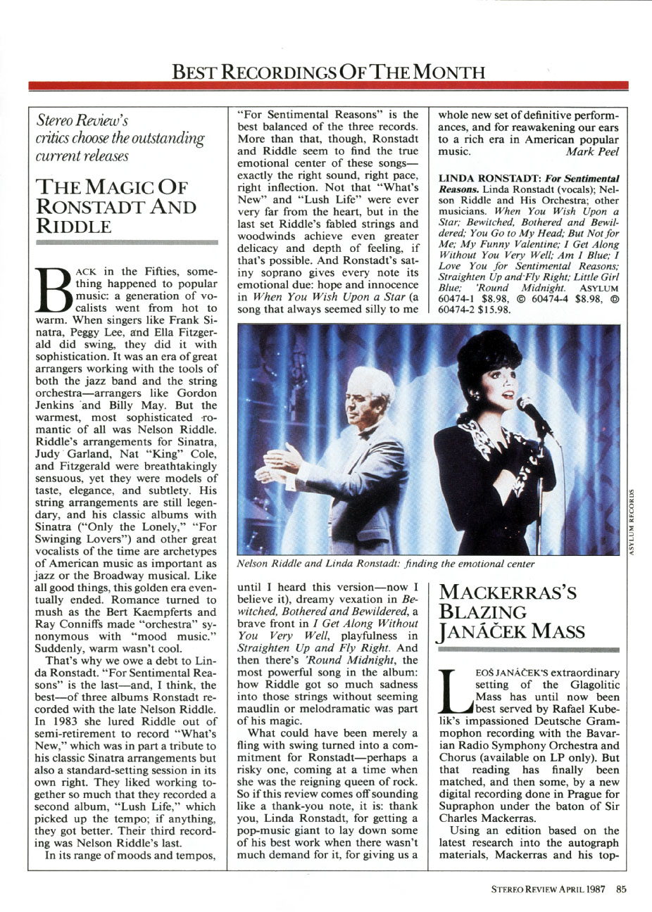 Linda Ronstadt For Sentimental Reasons Stereo Review April 1987