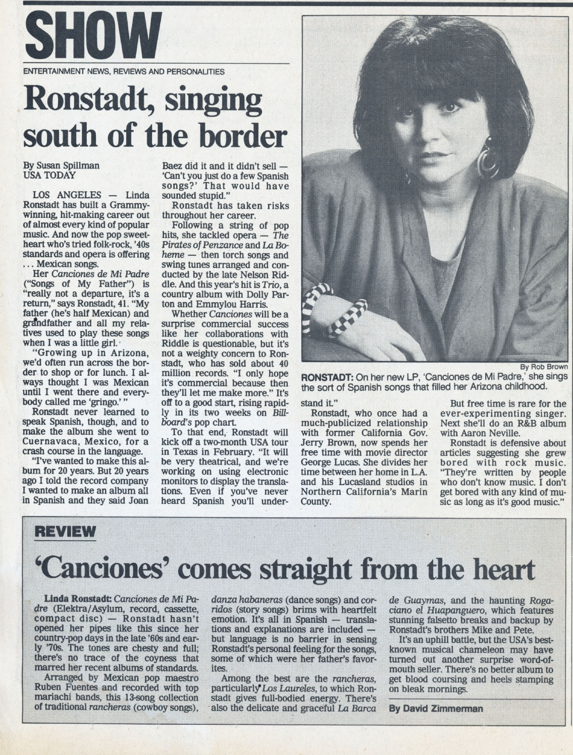 Linda Ronstadt - Canciones de mi Padre article and review- December 1987