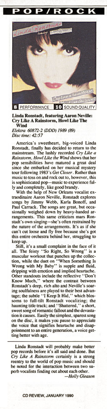 CD Review Linda Ronstadt Cry Like a Rainstorm Howl Like the Wind