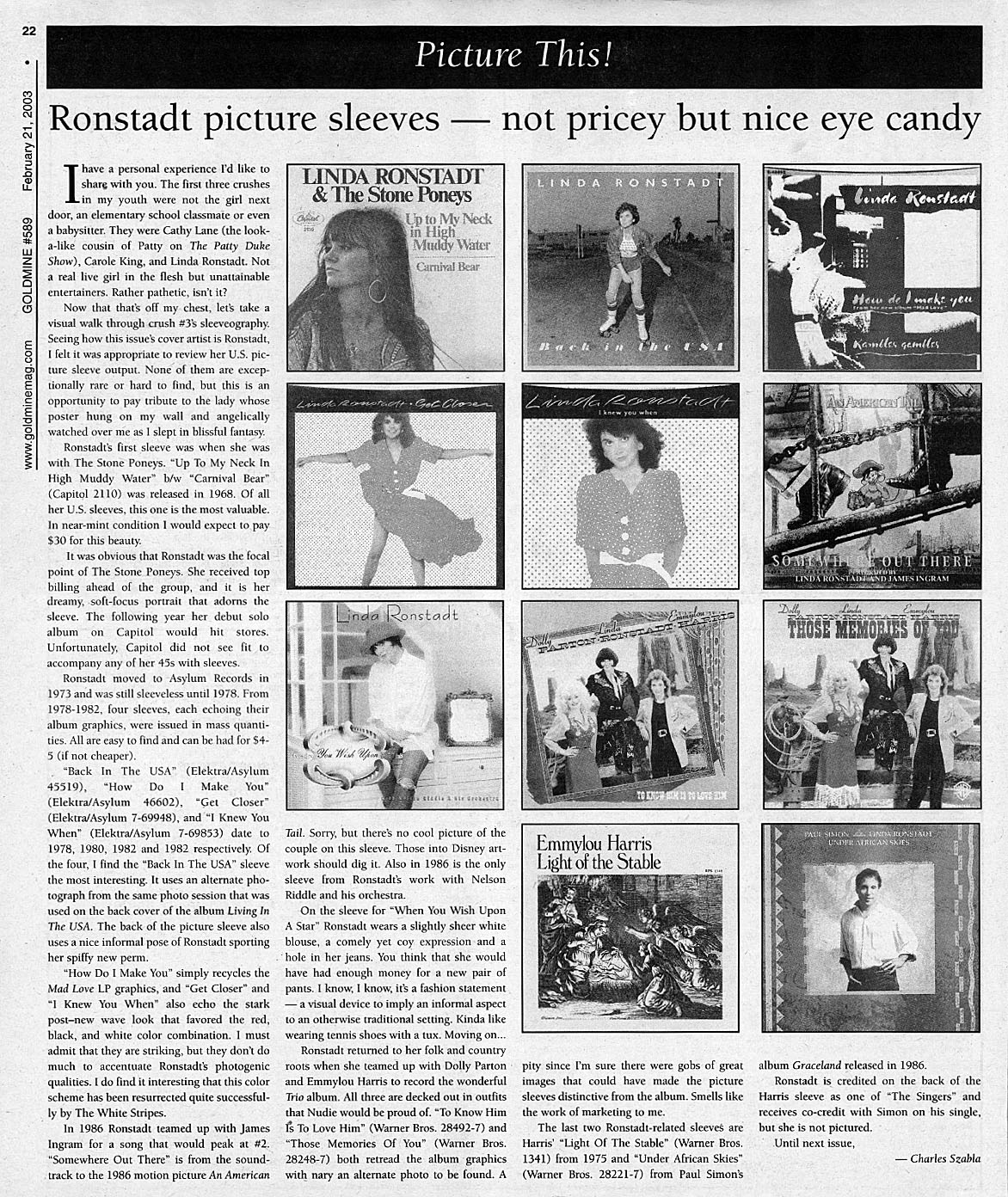 Linda Ronstadt Goldmine article + discography 2003